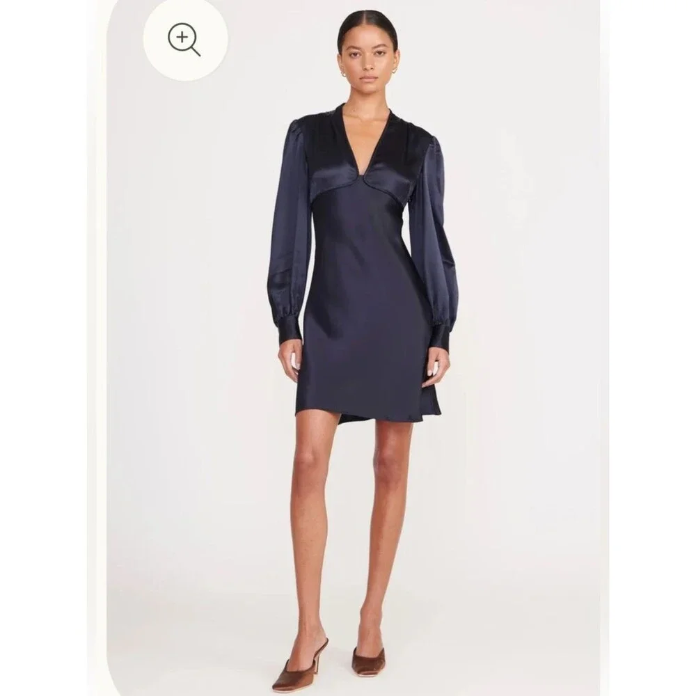 STAUD Navy Satin V-Neck Long-Sleeve Mini Dress - Picture 1 of 10